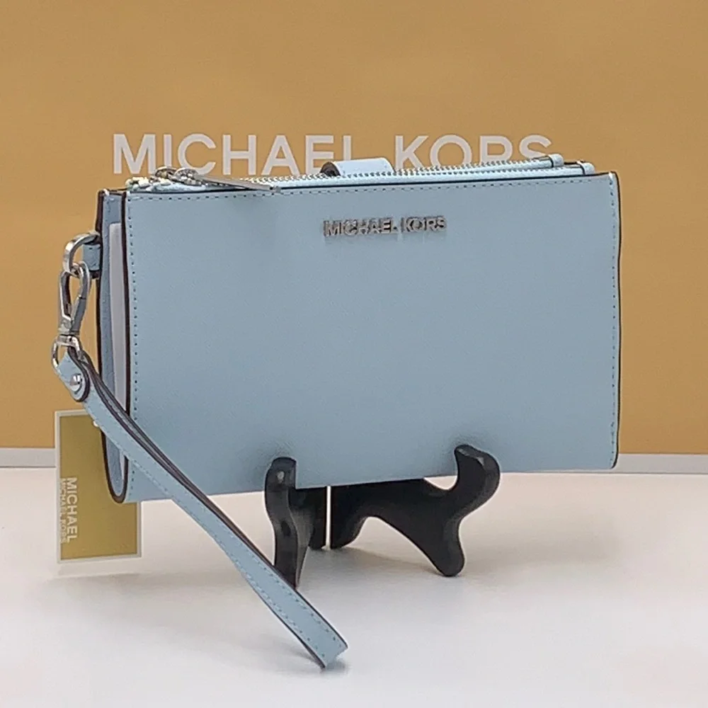 MICHAEL KORS LG DOUBLE ZIP WRISTLET Phone Case Holder Wallet Vista Blue